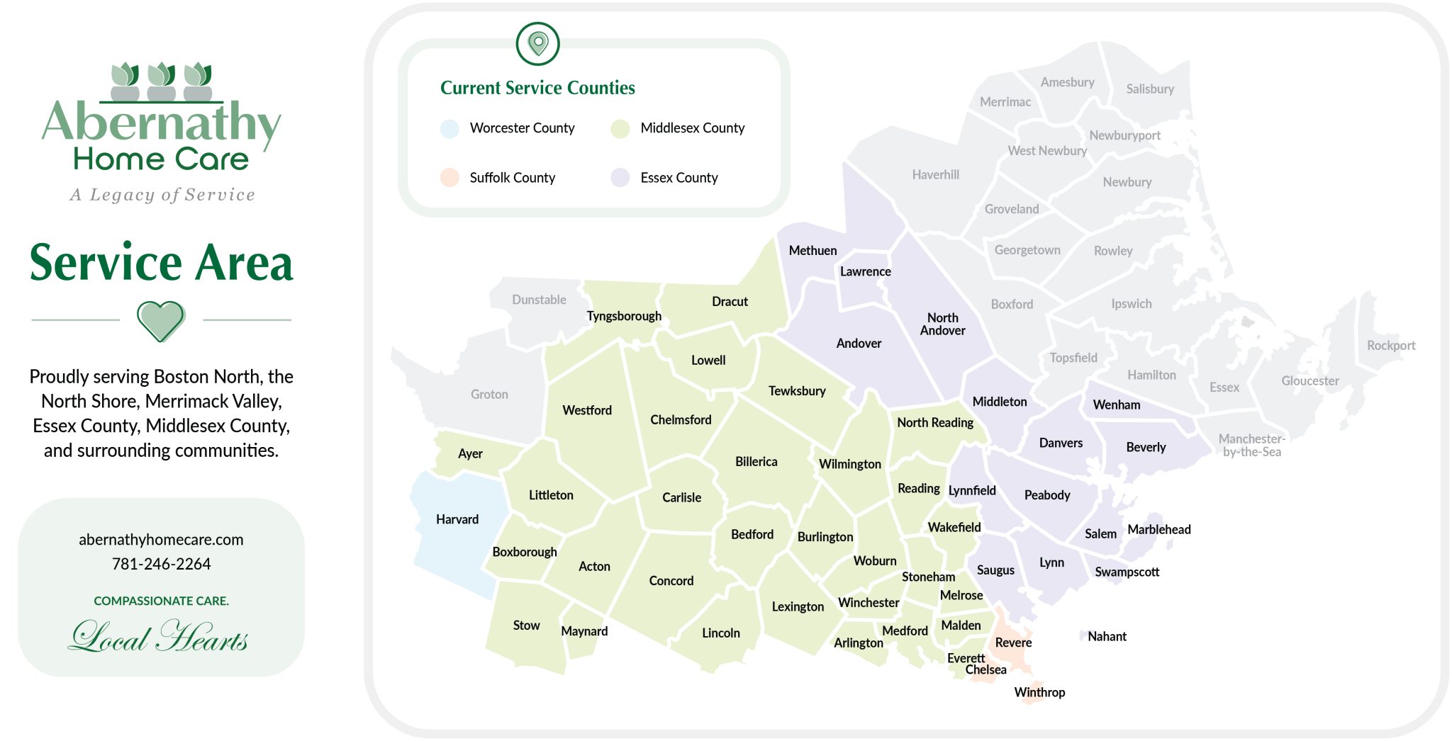 A service area map for Abernathy Home Care, titled "Service Area," showing coverage across northeastern Massachusetts. The left sidebar features the company logo, contact information (abernathyhomecare.com and 781-246-2264), and a text block stating: "Proudly serving Boston North, the North Shore, Merrimack Valley, Essex County, Middlesex County, and surrounding communities." The main graphic is a color-coded map broken down by specific towns and municipalities across four counties: Middlesex County (Light Green): Covers a large central and western section, including towns such as Lowell, Chelmsford, Billerica, Concord, Acton, Woburn, and Malden. Essex County (Lavender): Covers the eastern and northeastern sections, including Lawrence, Andover, Lynn, Peabody, Salem, and Beverly. Northern coastal towns like Haverhill, Newburyport, and Ipswich are shown on the map in a muted gray tone, indicating they are outside the current highlighted service area. Suffolk County (Light Orange): Covers a small southern section, including Revere, Chelsea, and Winthrop. Worcester County (Light Blue): Covers a minimal western edge, showing Harvard.
